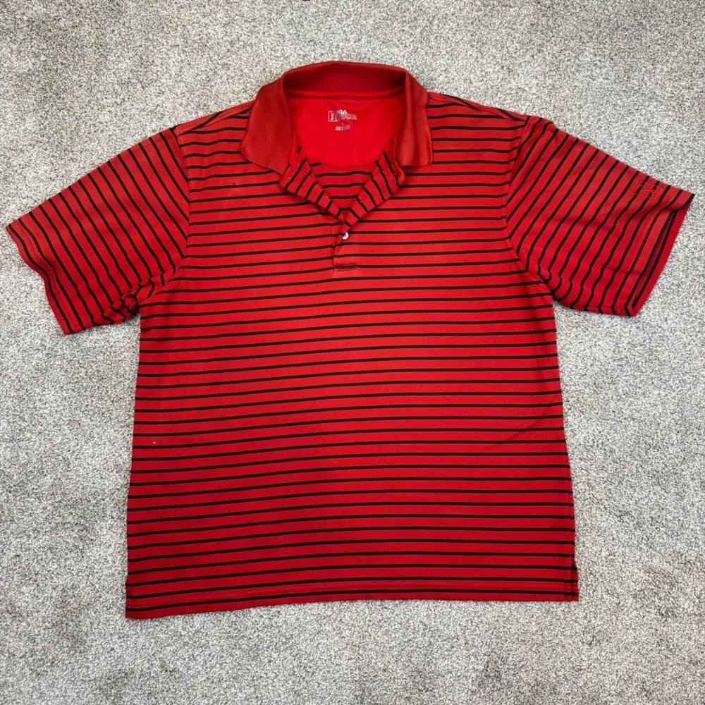 PGA Tour Mens Large Red Black Striped Short Sleeve Golf Polo Shirt‎ L